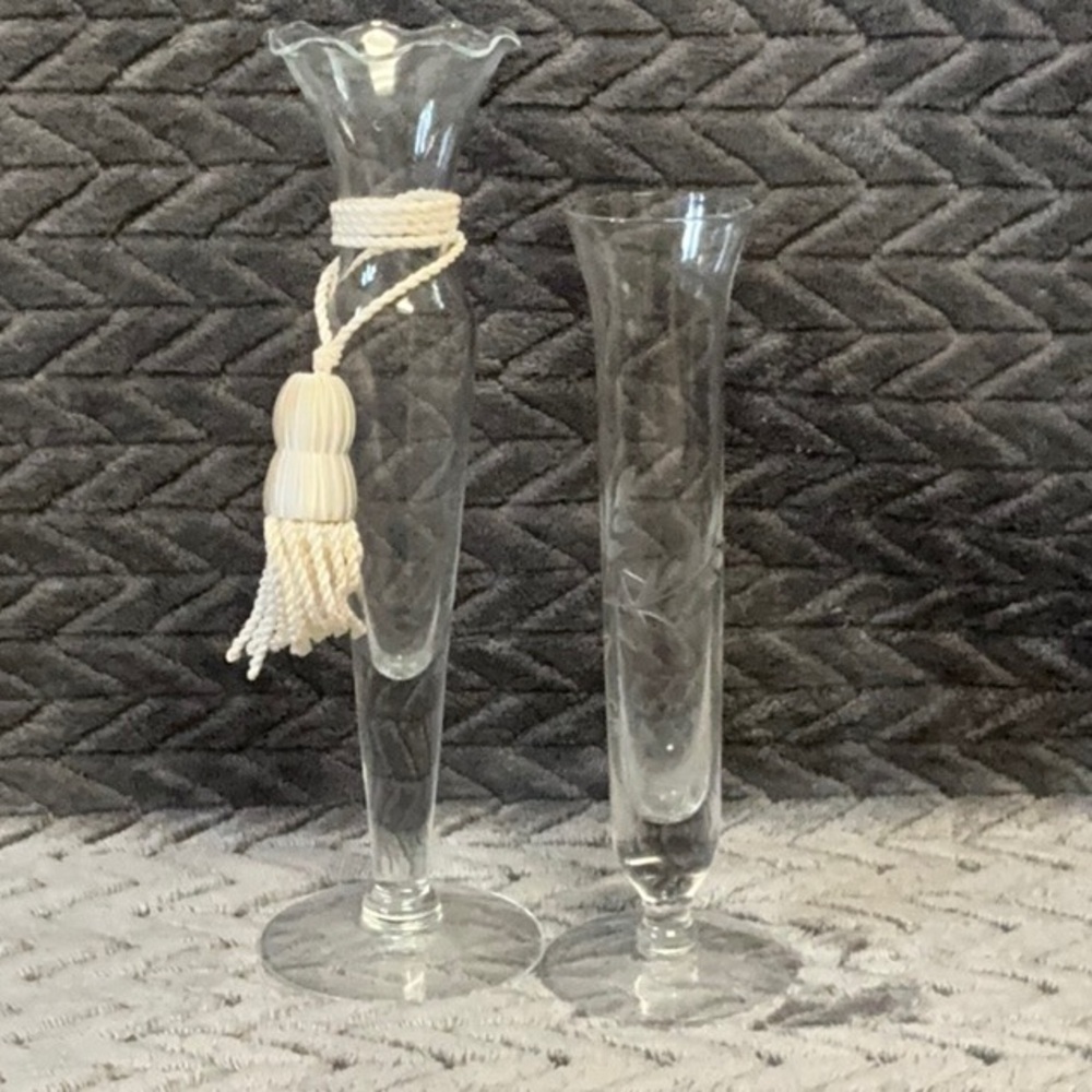 2 cottage core style vintage, etched single bud  glass Vases